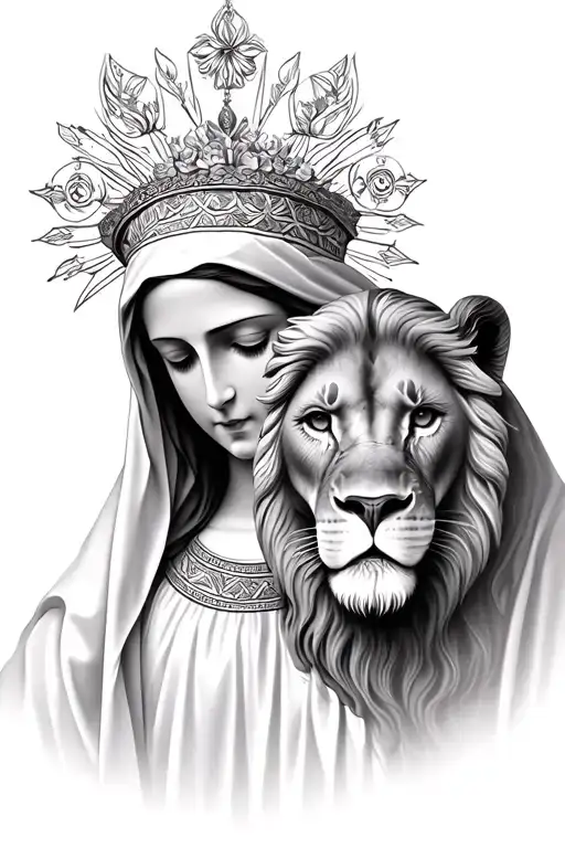 Mother Mary And Lion Realistic Portrait