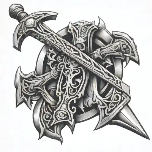 Christian Cross With A Smaurai Sword And Viking Axe Going Through The Cross