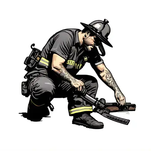 Men's Tattoo Of Fire Fighter Kneeling