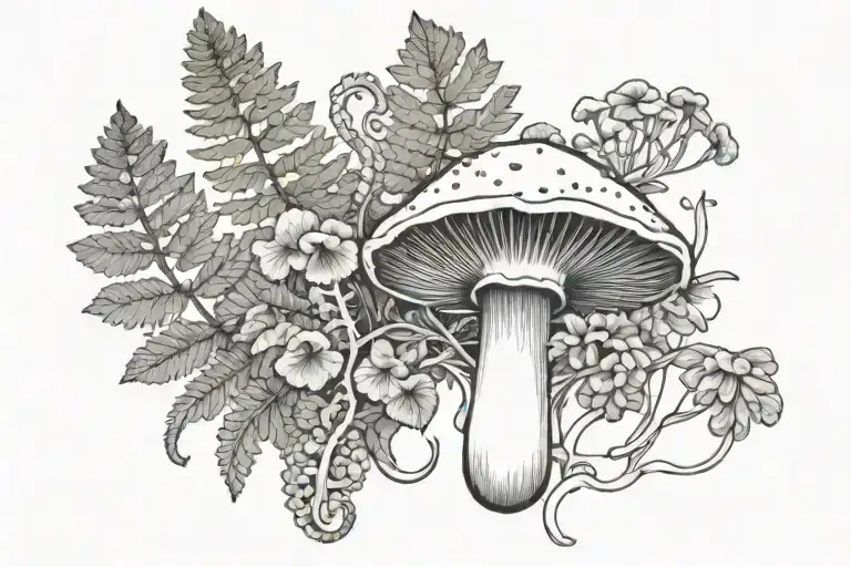 Ferns And Mushroom And Bleeding Heart