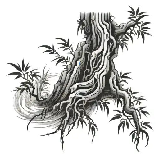 Bamboo Tree With Deep Roots And Flowing Water Intertwined With A Rising Phoenix