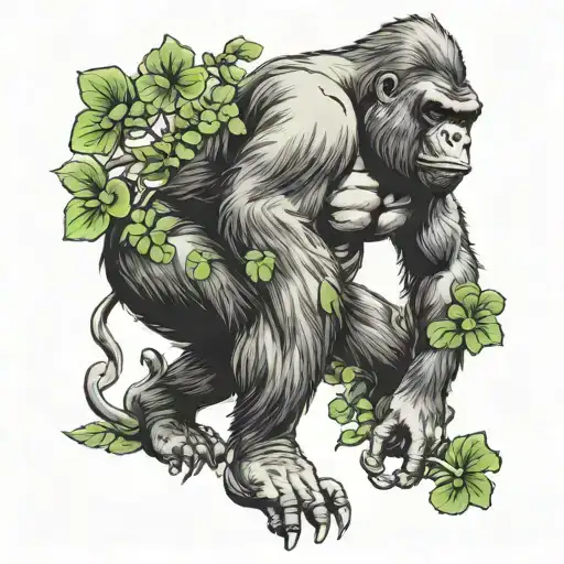 Realistic Strong Full Body Gorilla Holding A 4 Leaf Clover Intertwined