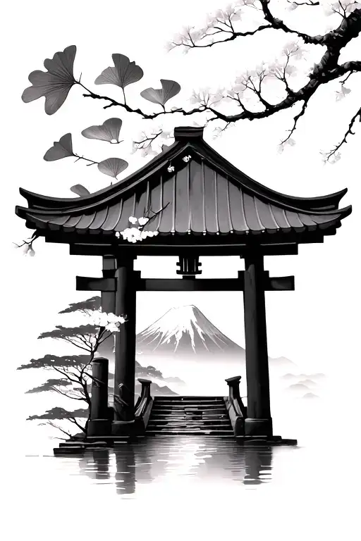 Ginkgo Leaf Maple Leaf Sakura Blossom Mount Fuji Small Torii Gate