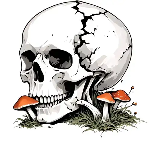 Cracked Skull With Mushrooms Growing