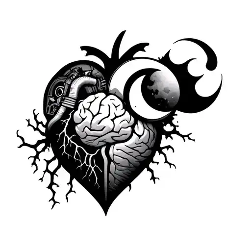 A Heart With Veins And A V8 Engine Connected To A Brain With A Half Sun And Half Moon On It By Veins