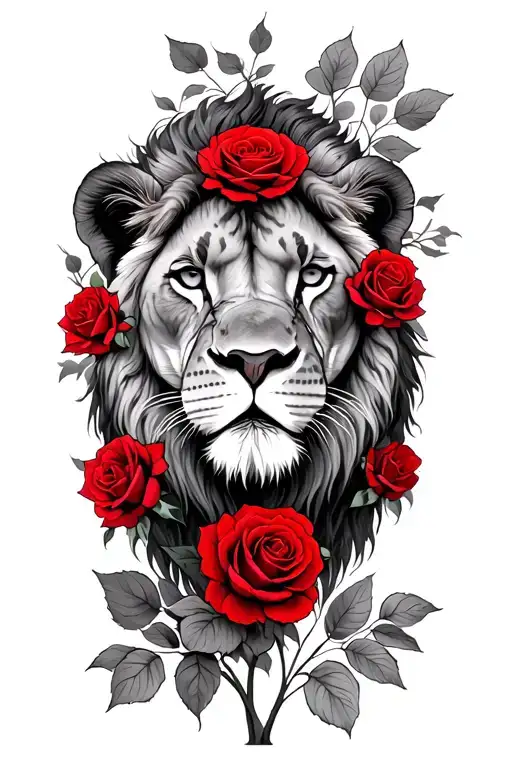 Lioness With Red Roses Growing