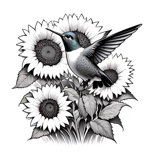 A Hummingbird In Flight Among A Field Of Sunflowers