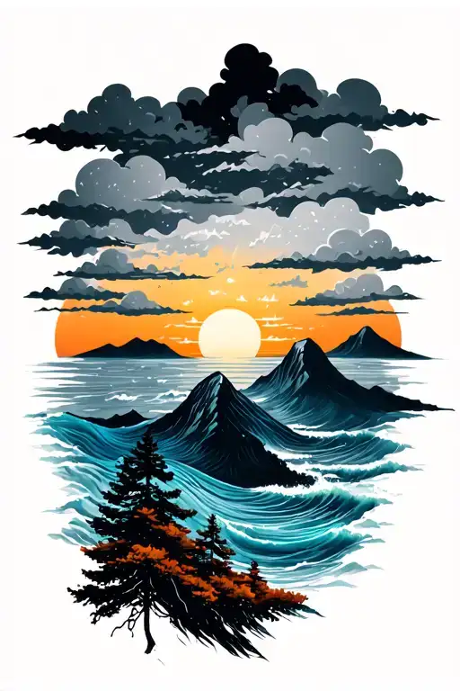 Ocean And Mountain With Clouds And Trees Colors Sunset