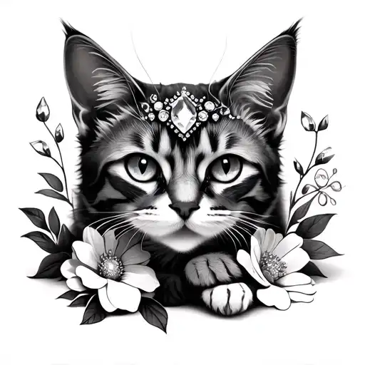 Cat Laying In Flowers With Jewels On Head