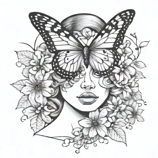 Woman With Butterfly Over Eye Surrounded By Flowers
