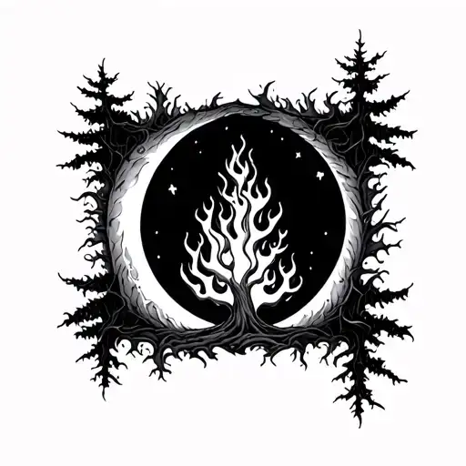 Tree Under Moon Fire