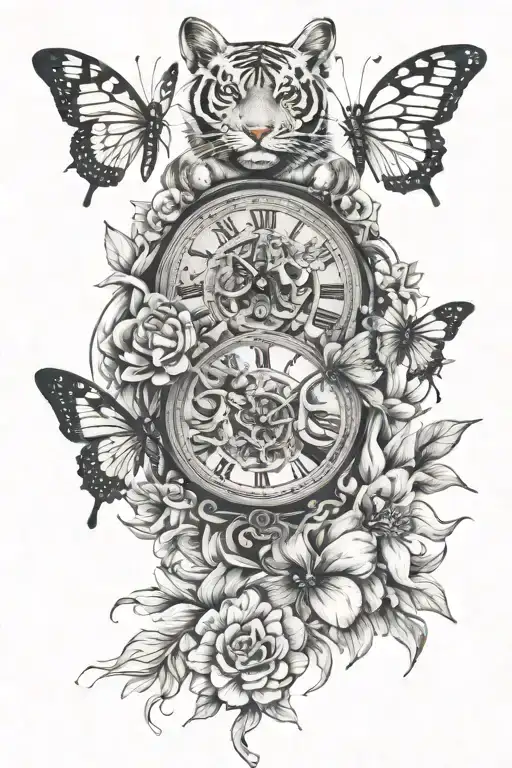 Clock Tiger Face Butterflies Flowers