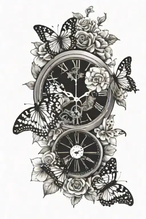 Clock Tiger Face Butterflies Flowers