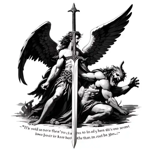 Archangel Defeating Demon With Sword With Bible Verse Written Below