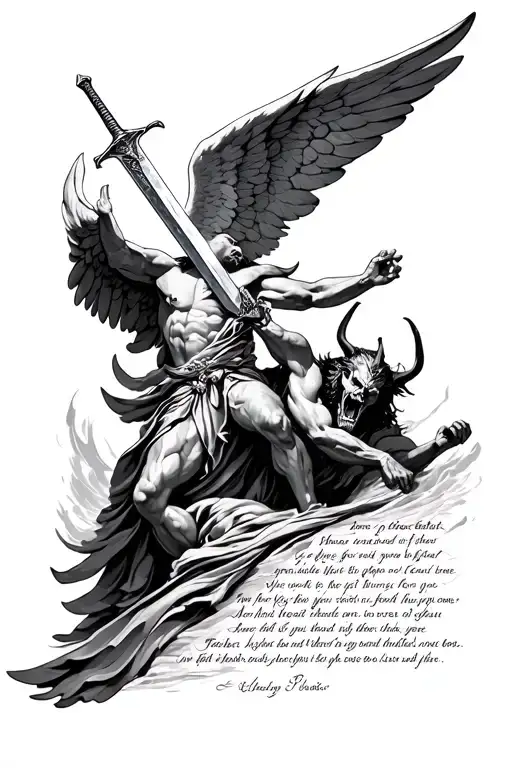 Archangel Defeating Devil With Sword With Bible Verse Written Beneath