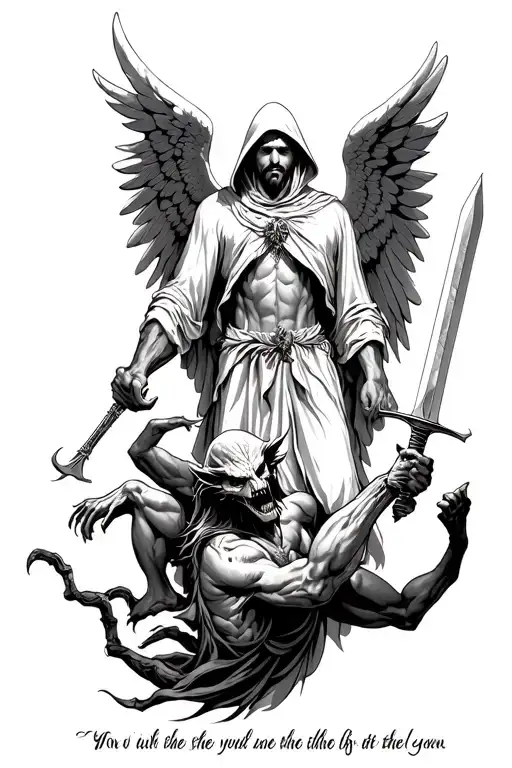 Hooded Archangel Defeating Demon With Sword With Short Bible Verse Written Beneath