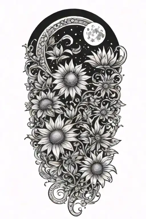 An Intricate Tattoo With Daisys Growing Around The Moon