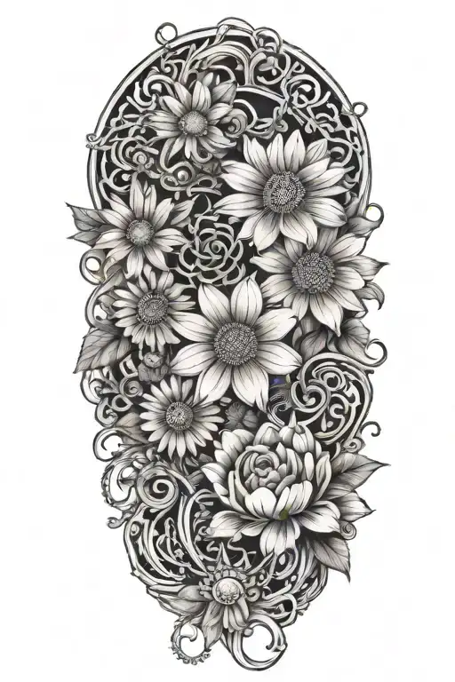 An Intricate Tattoo With A Chain Of Daisys Cosmos Flowers And Roses