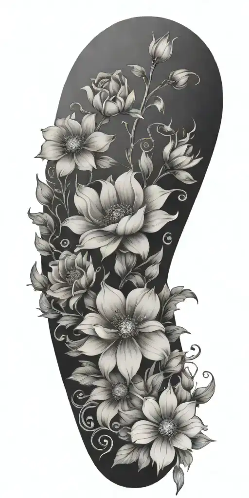 An Intricate Tattoo With A Vine Of Daisys Cosmos Flowers And Roses