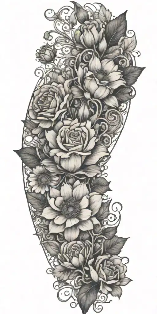 An Intricate Tattoo With A Vine Of Daisys Cosmos Flowers And Roses