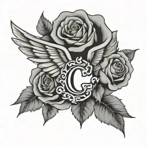 Letter C With Wings And Roses