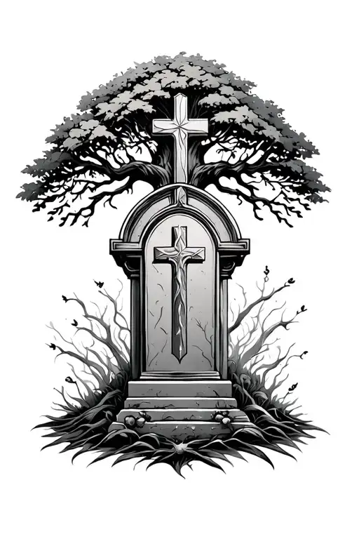 Tomb Stone And Cross And Tree Of Life Intertwined Representing