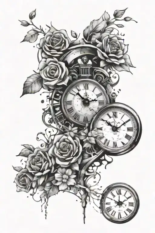 Shattered Broken Clock With Small Flowers Behind The Broken Pieces