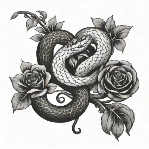 Snake And A Heart And Flowers