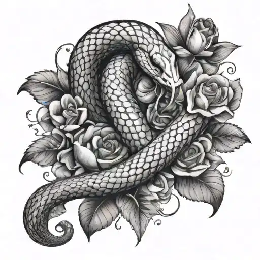 Snake And A Real Heart And Flowers