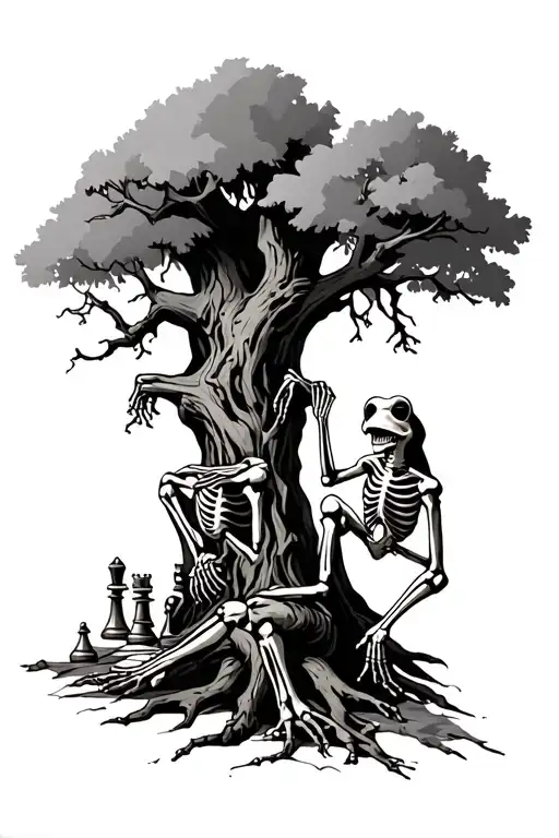 A Gnarled Tree With A Skeleton And Frog Playing Chess