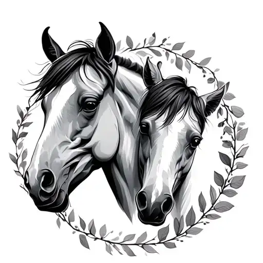 Horses Heads Insde Cirlce Of Leafs