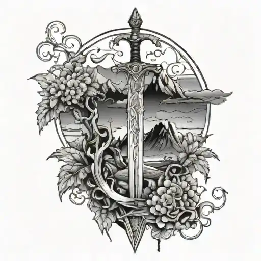 Nighttime Fantasy Sword Over Mountains And Vines