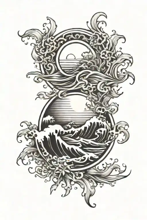 The Sun And Hazel Leaves Intertwined Over Waves Crashing