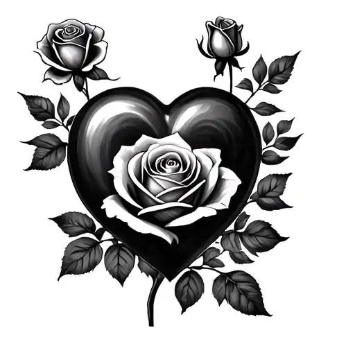 Roses And Heart Surrounded With A Stem And Two Smaller Roses