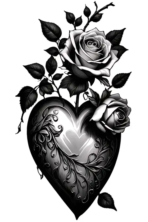 Roses And Heart Surrounded With A Stem And Two Smaller Roses