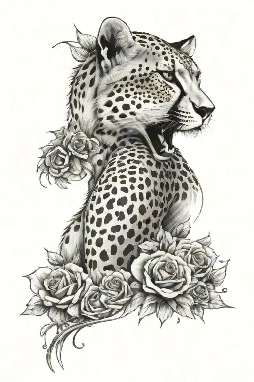Cheetah Coming Down The Tricep With Roses Sleeve Woman