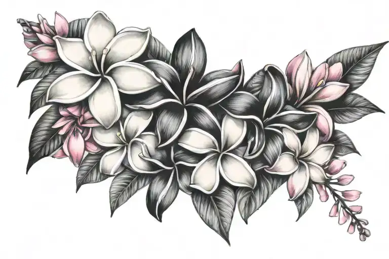 A Realistic Black And Grey Plumeria Bouquet With Pink Accents