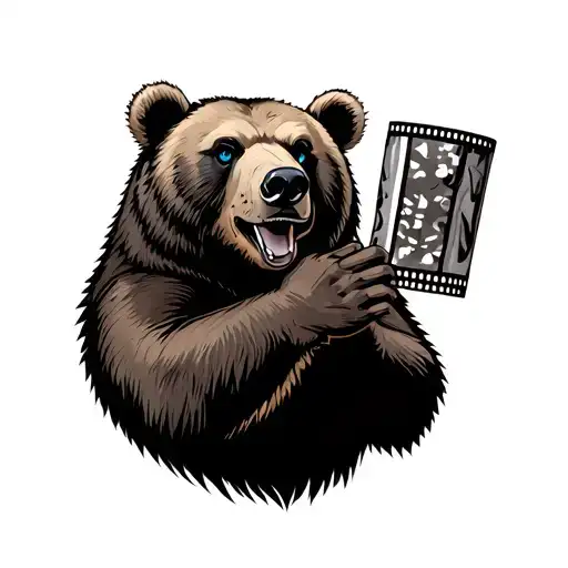 California Bear But Standing With Blue Eyes And Holding A Film Claque