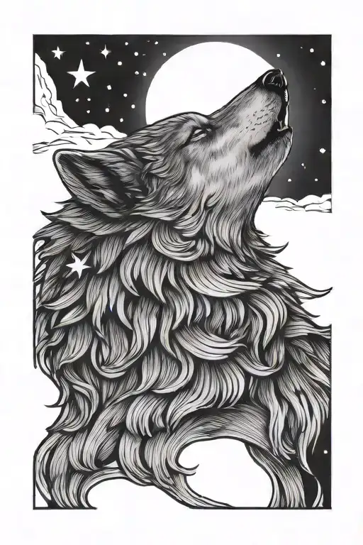 Wolf Howling At Crescent Moon And A Star