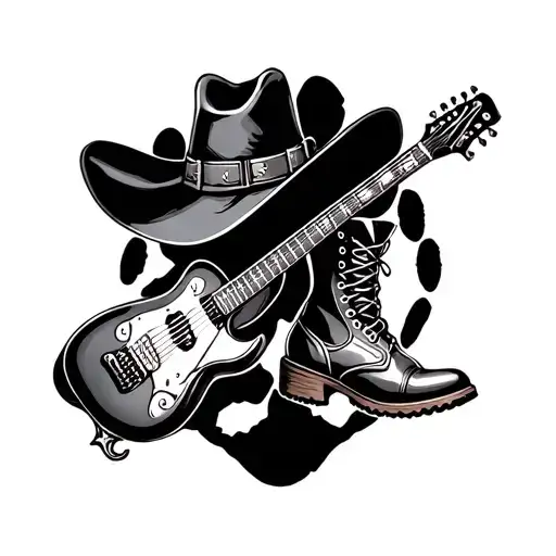 Dog Paw Print Surrounded Guitar Cowboy Hat And Boot