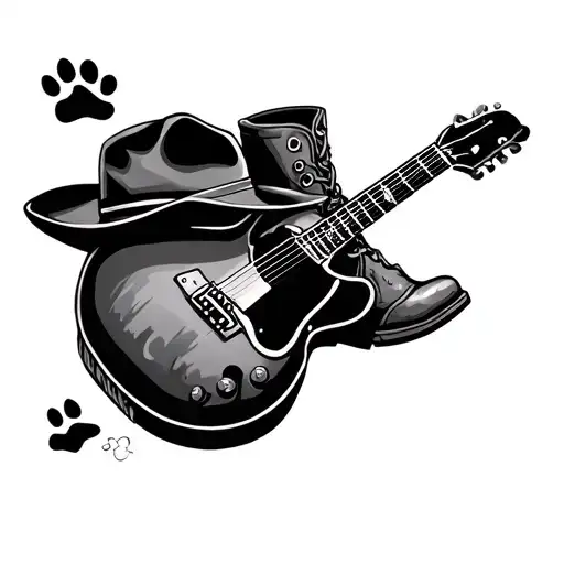 Dog Paw Print Surrounded By Guitar Cowboy Hat Cowboy Boot