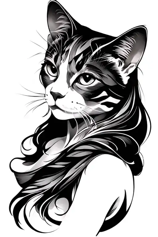 Sexy Black And Gray Tattoo Stencil Of Cat Women