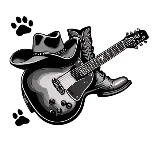 Dog Paw Print Surrounded By Guitar Cowboy Hat Female Cowboy Boot
