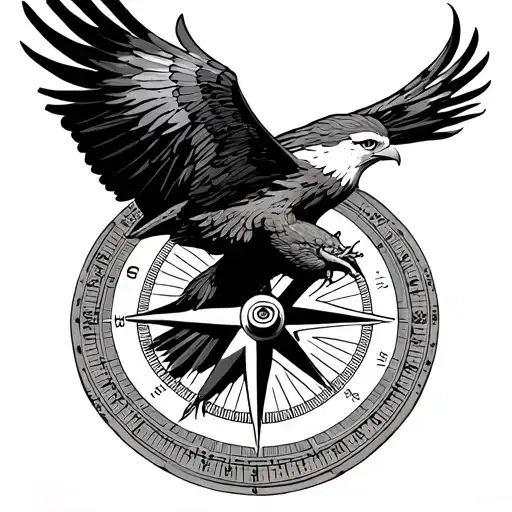 Image For A Tattoo Where An Eagle Is Flying Heading Towards North Shown From A Compass