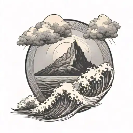 Circular Mountain And Sea Waves Crashing Waves Representing