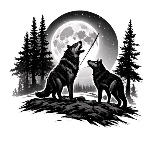 Archer And A Wolf Howling At The Moon Surrounded In The Woods With A Sagitarrius In The Sky