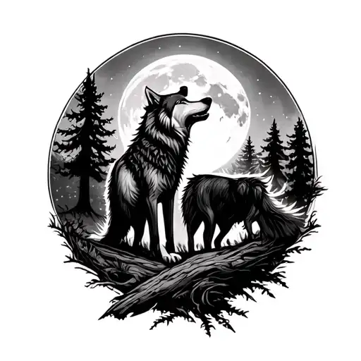 Archer And A Wolf Howling At The Moon Surrounded In The Woods With A Sagitarrius In The Sky