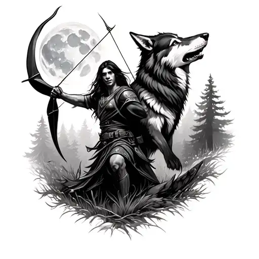 An Archer And A Wolf Howling At The Moon Surrounded In The Woods