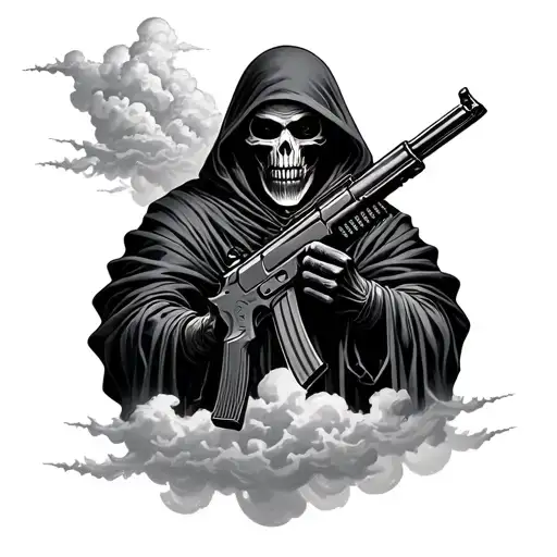 Grim Reaper Holding And Ak47 In Clouds