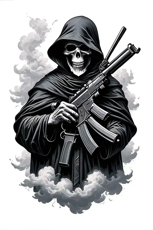 Grim Reaper Holding And Ak47 In Clouds